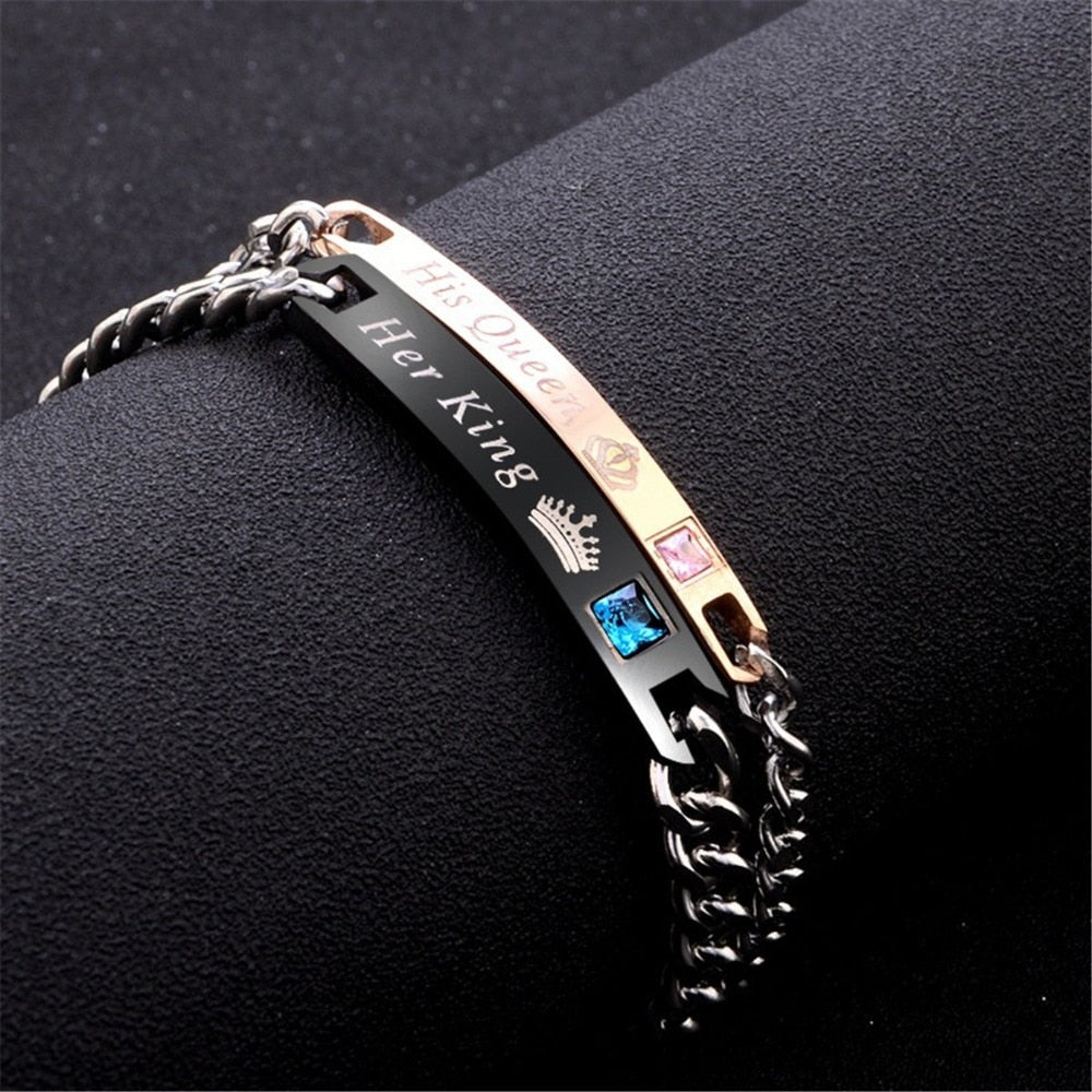 2pcs Jewelry Her King His Queen Lovers Bracelet Stainless Steel Crystal Crown Charm Bracelets Women Men Gifts Couples Link Chain